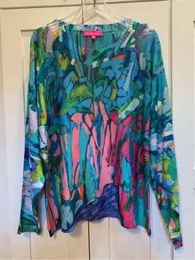 CLAIRE DESJARDINS Abstract Brushstroke Print Top XXL Long Sleeve Colorful Bright